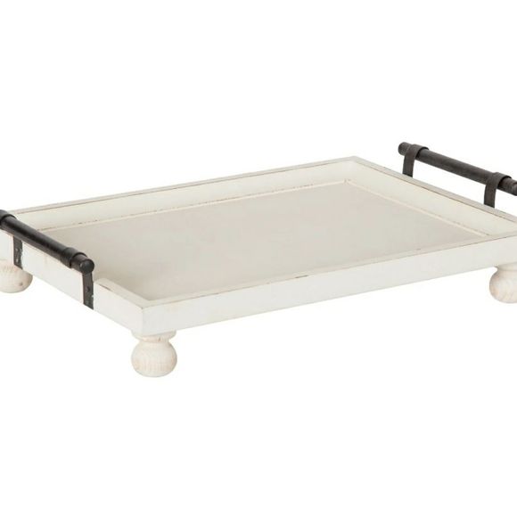 Off White Solid Wood Tray with Metal Handles & Feet - 16'' W x 12'' D x 3.75'' H - Picture 4 of 8